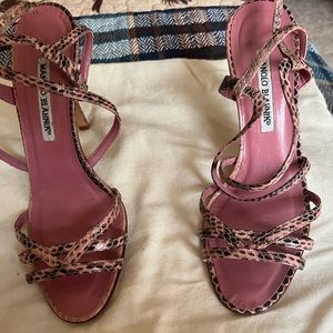 Manolo Blahnik pink snake print strappy heels size 38